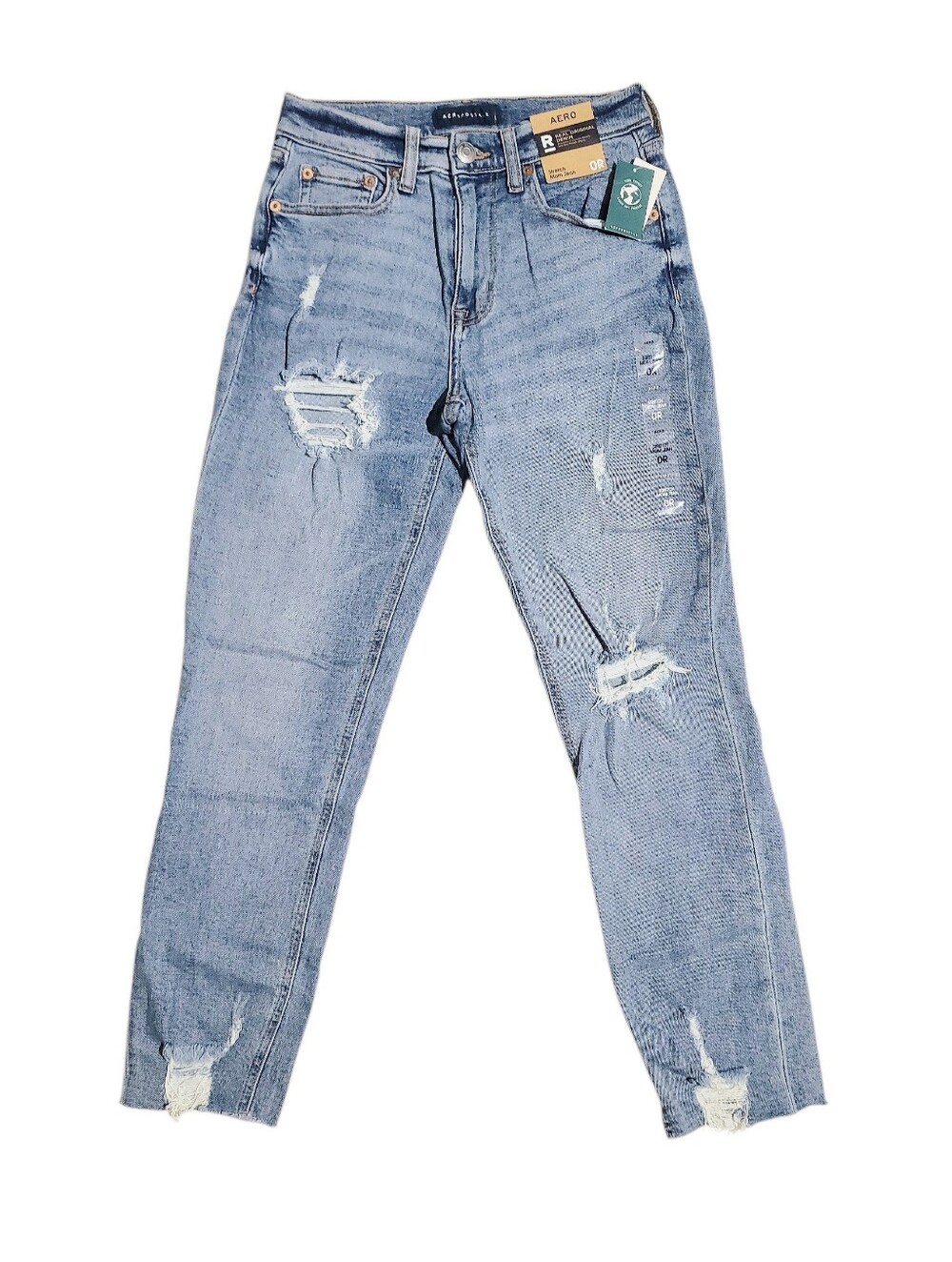 Aeropostale High Rise Distressed Stretch Mom Jeans Size 0-Regular Med Wash NWT